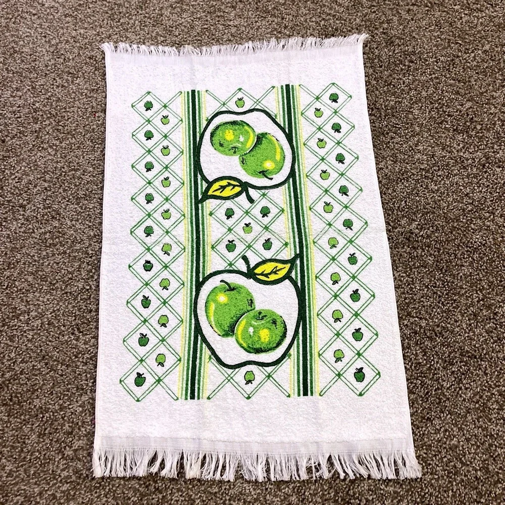 VTG CANNON Hand Kitchen Towel Fringe 70s NOS Green Apple Fruit Stripe‎ Checkered